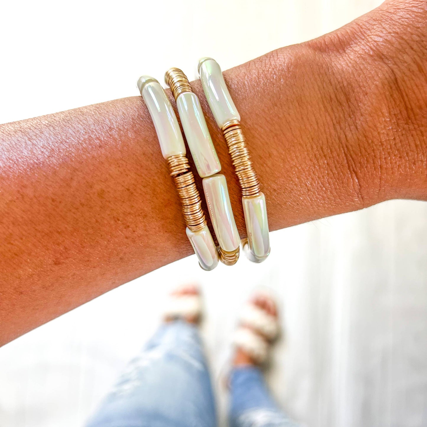 #586 Metallic #26 Ivory Acrylic Tube Bamboo Bracelet