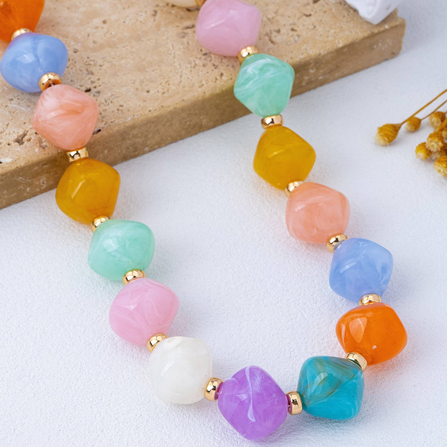 #1091 Multicolor Oversized Faceted Pastel Bead Necklace