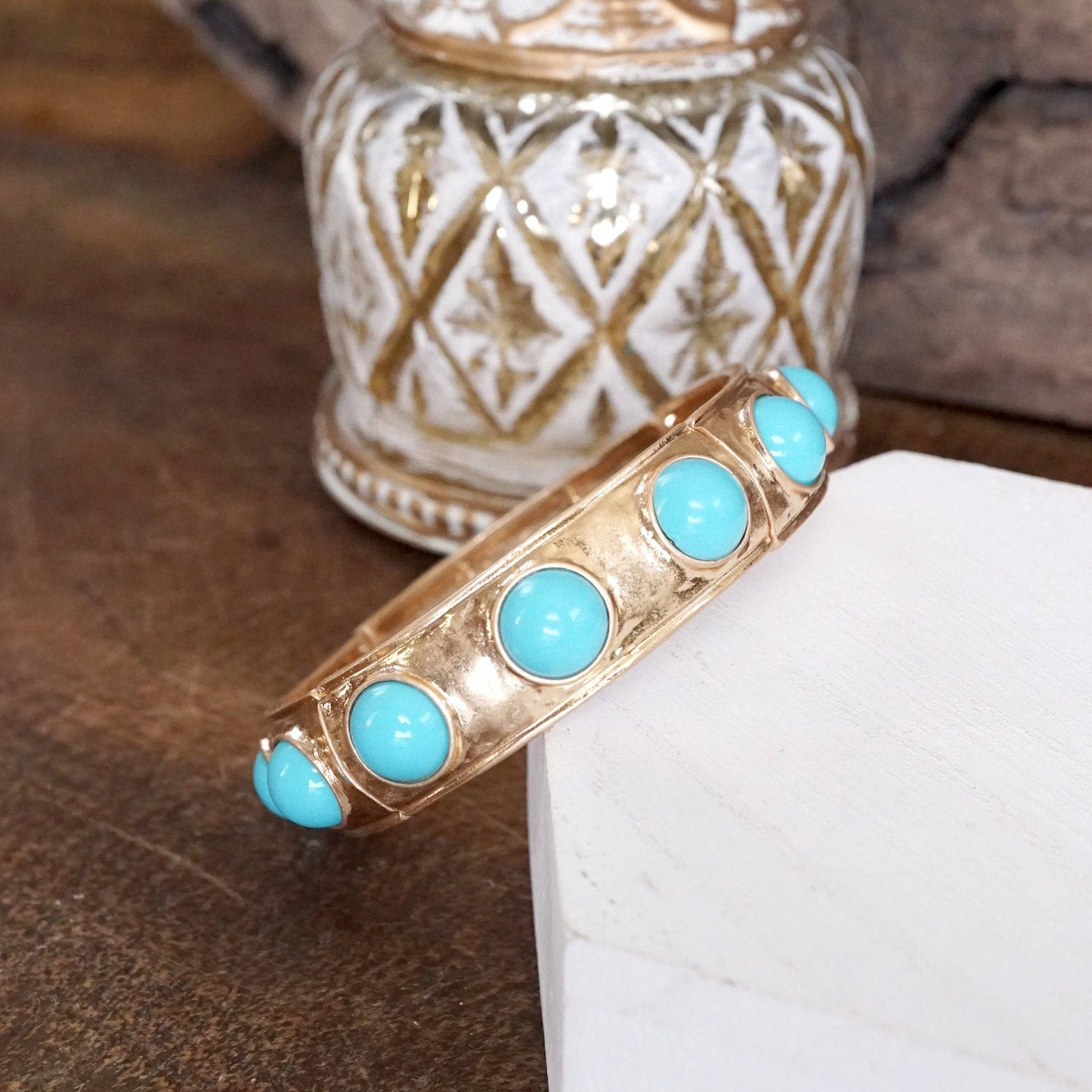 #409 Eternity Statement Bangle Gold Tone Turquoise
