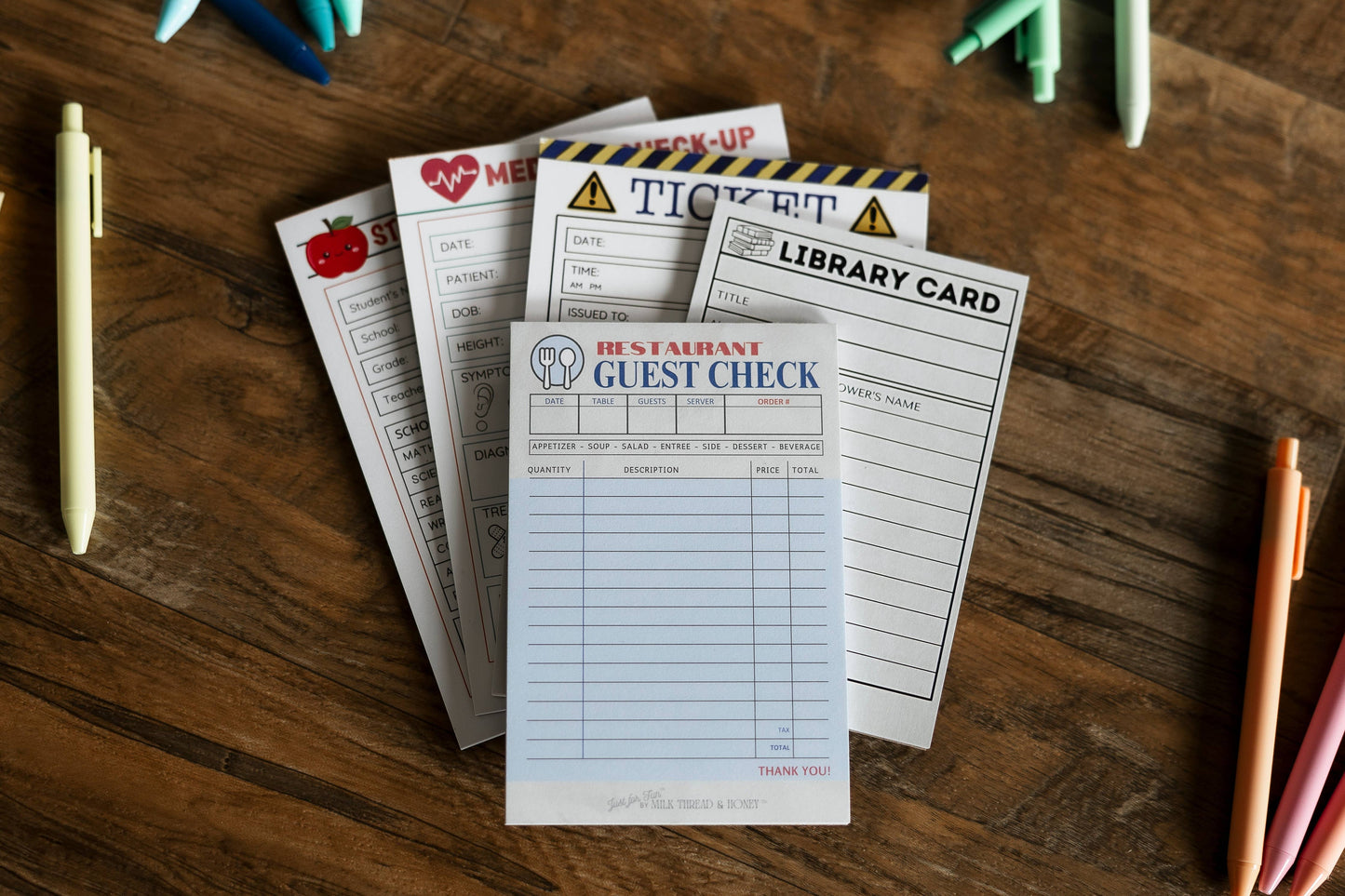 #152 Doctor, Restaurant, Librarian, Police Officer and Teacher - Set of 5 Pretend Play Notepads