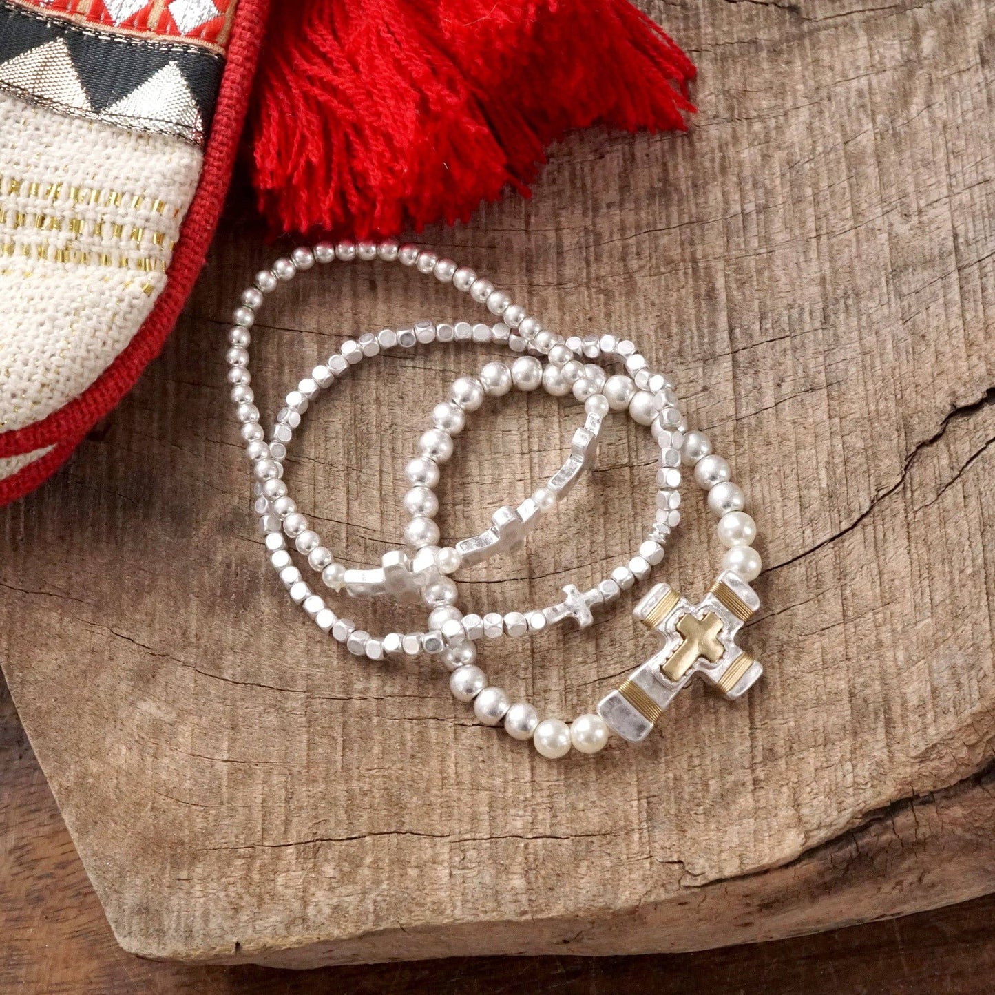 #397 Cross bracelets set in Worn Silver tone boho style
