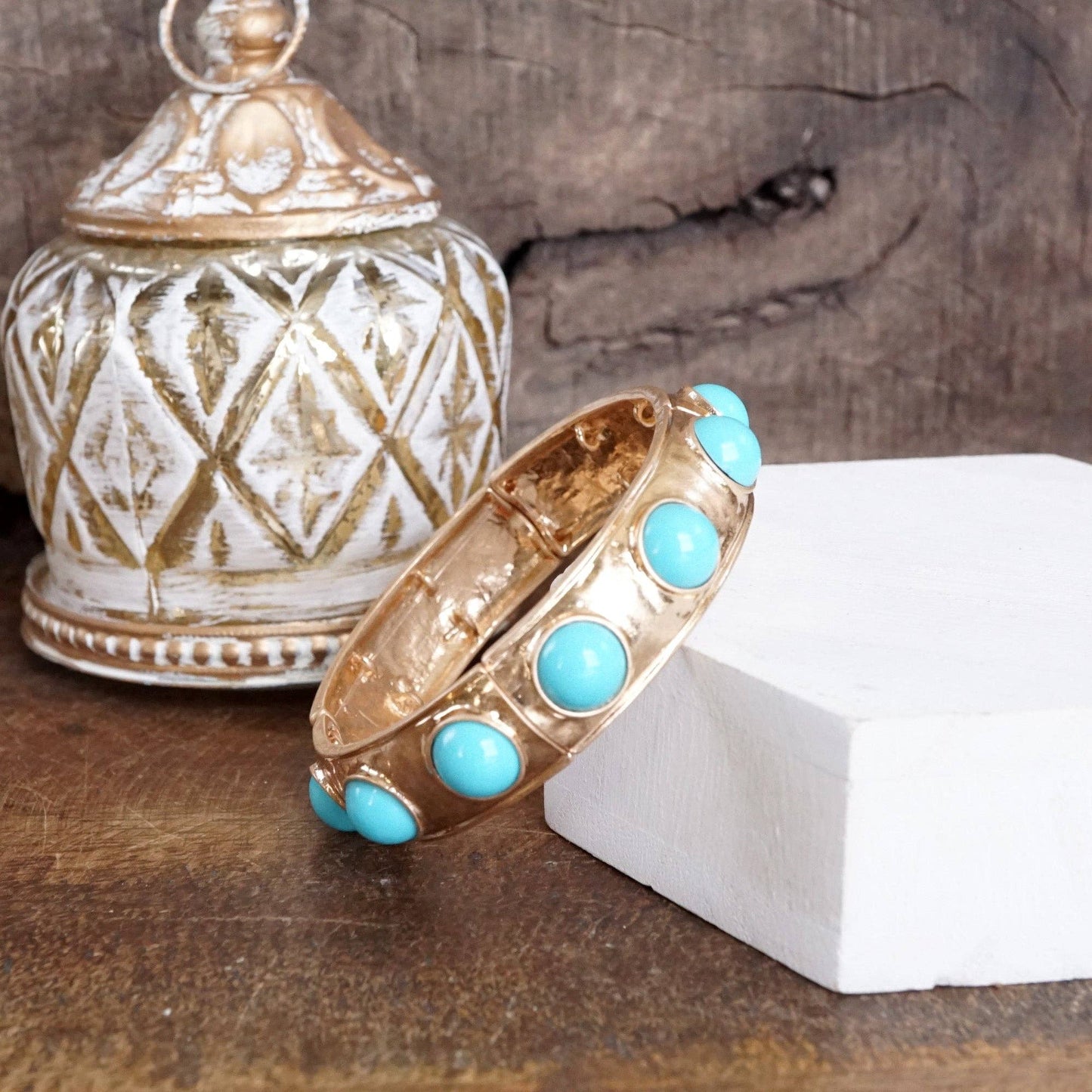 #409 Eternity Statement Bangle Gold Tone Turquoise