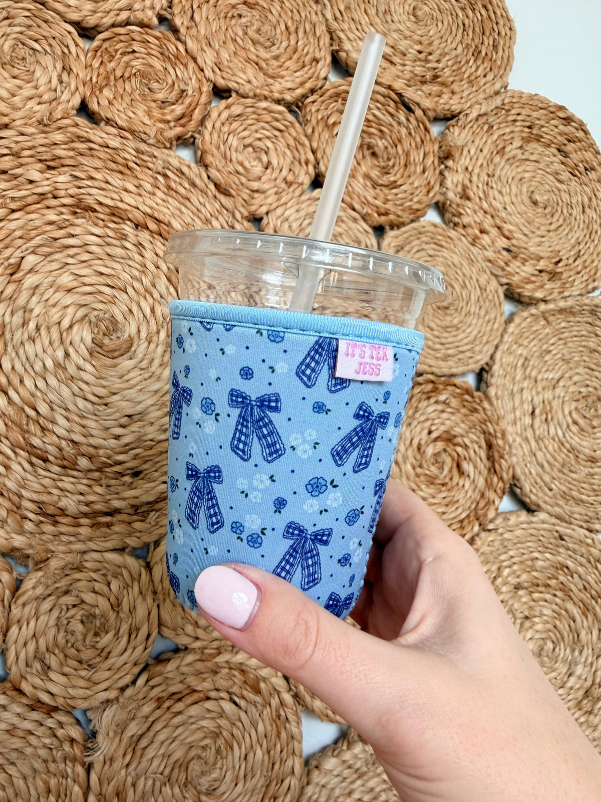 #1125  Iced Coffee Sleeve - Blue Gingham Bows