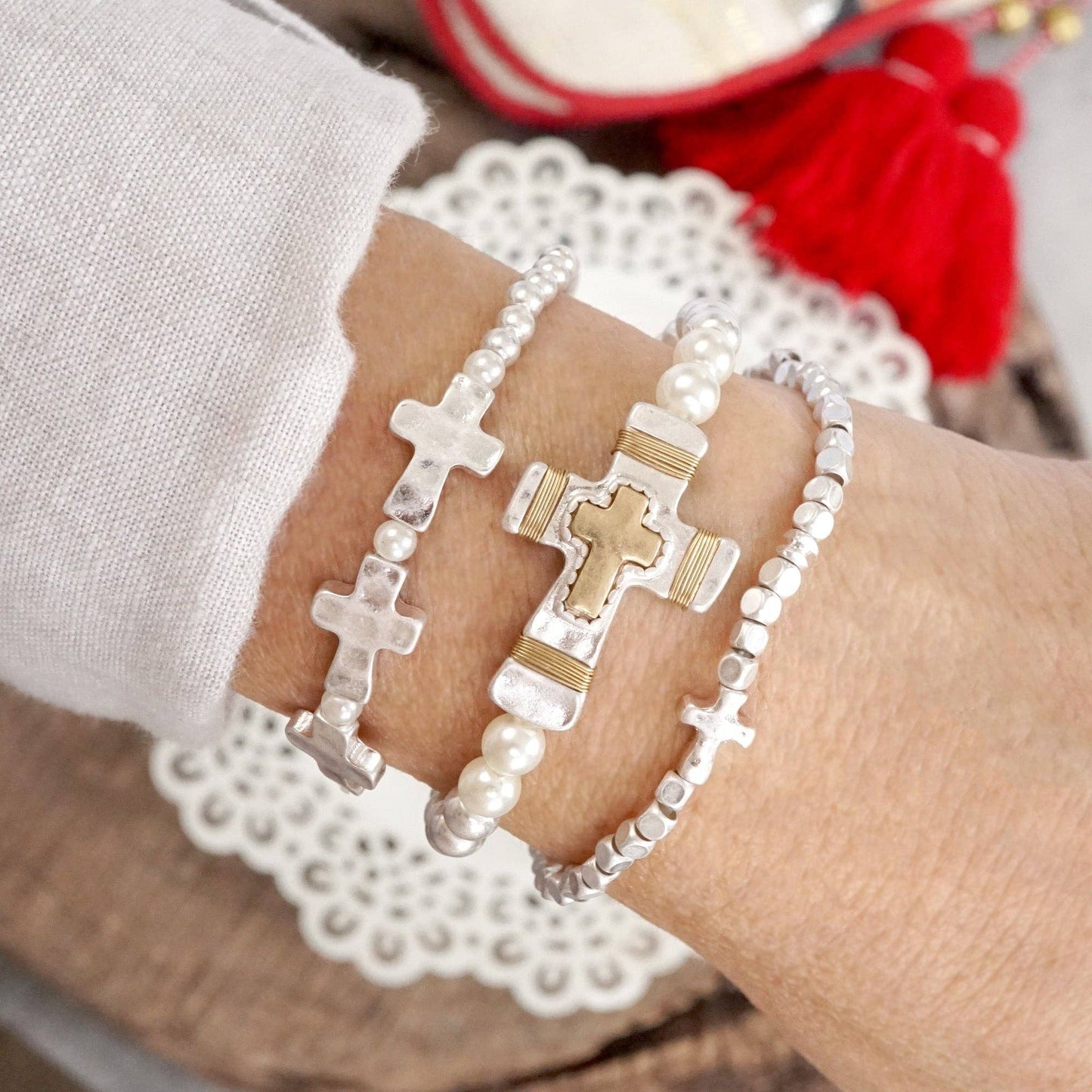 #397 Cross bracelets set in Worn Silver tone boho style