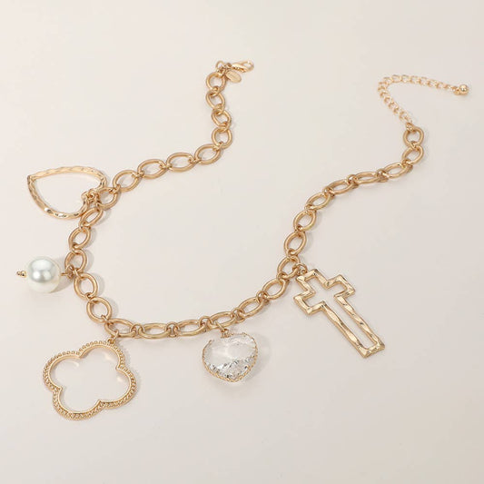#467 Open Quatrefoil Heart Cross Pearl Charm Station Necklace