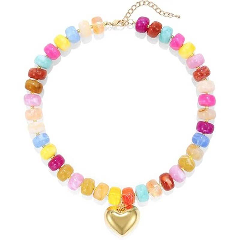 #1033 Resin Bead Necklace with Gold Heart-Shaped Pendant
