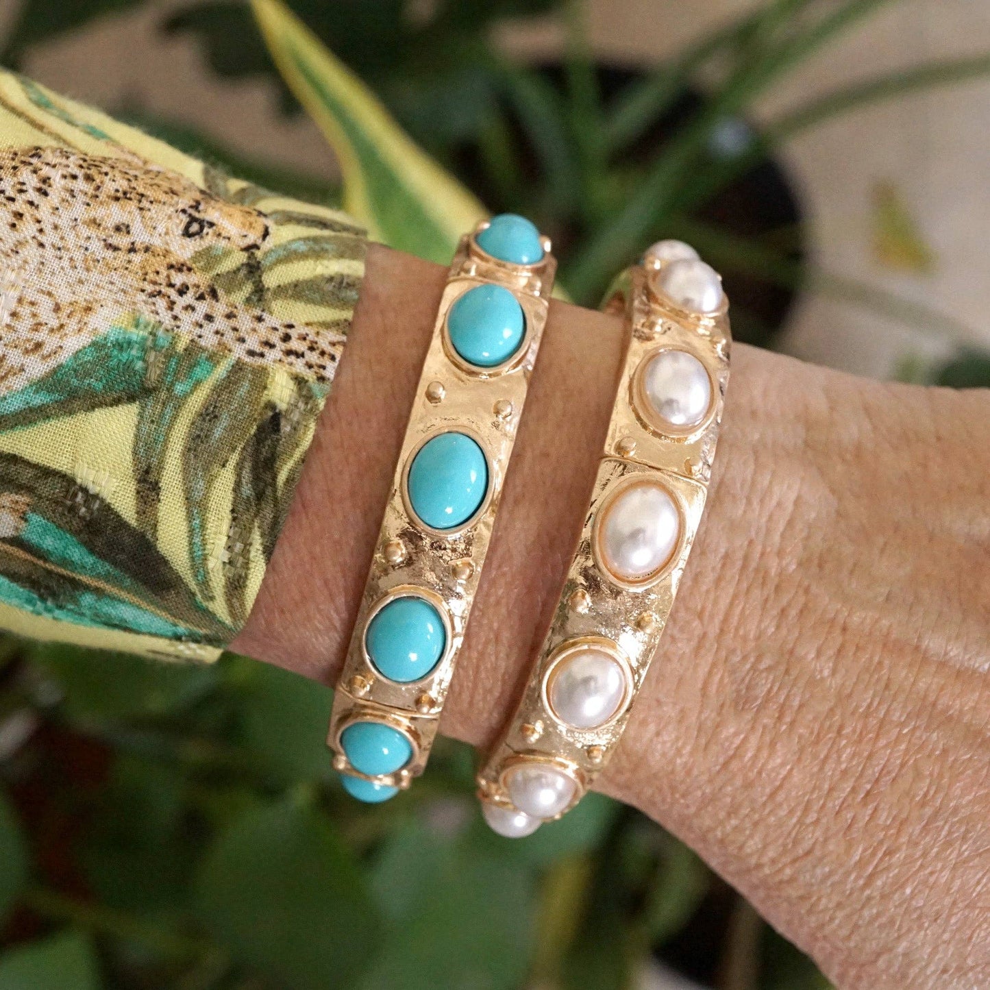 #403 Classic Golden Stretchy Bangles – Pearl or Turquoise Accents