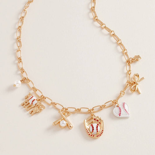 #473 Baseball Pearl Bow Charm Necklace