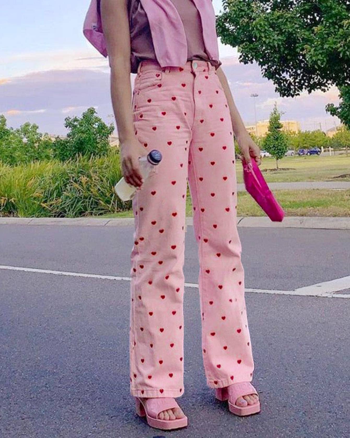 #686 Heart print stretch straight jeans