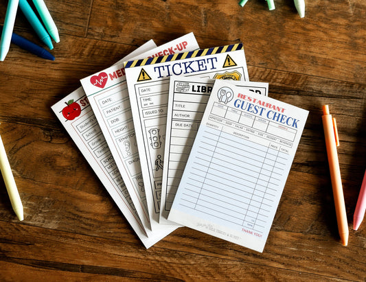 #152 Doctor, Restaurant, Librarian, Police Officer and Teacher - Set of 5 Pretend Play Notepads