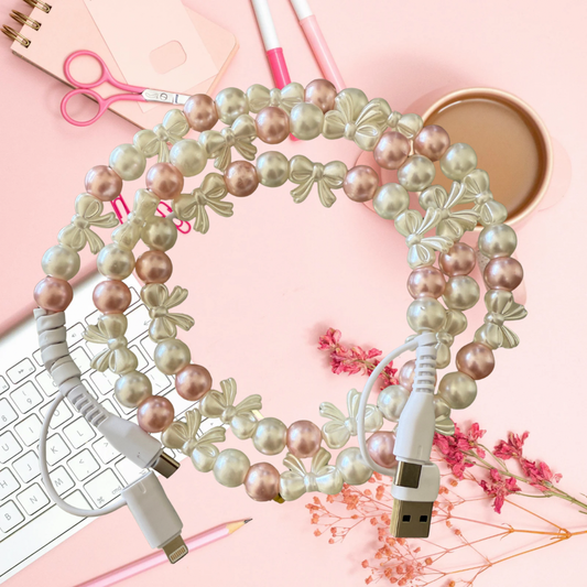 #803 Pink & White Bow Pearl Beaded 4-in-1 Charger
