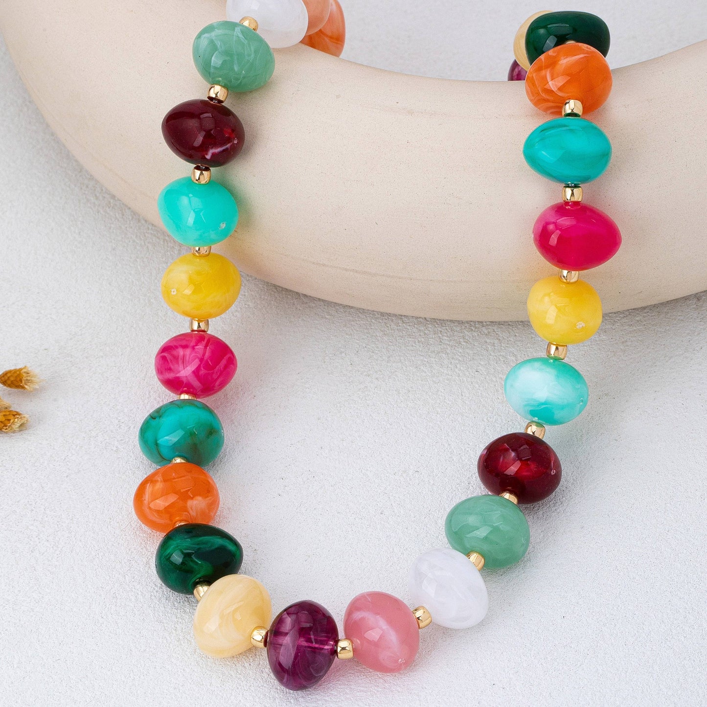 #1092 Multi Colored Resin Pebble Beaded Necklace