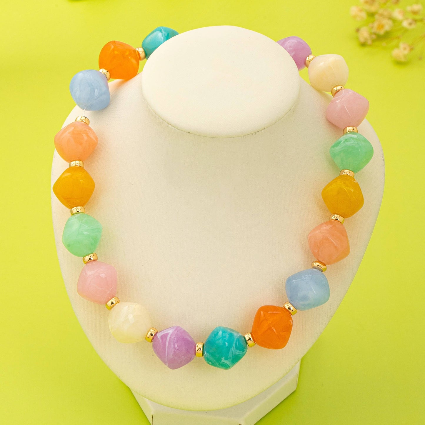 #1091 Multicolor Oversized Faceted Pastel Bead Necklace
