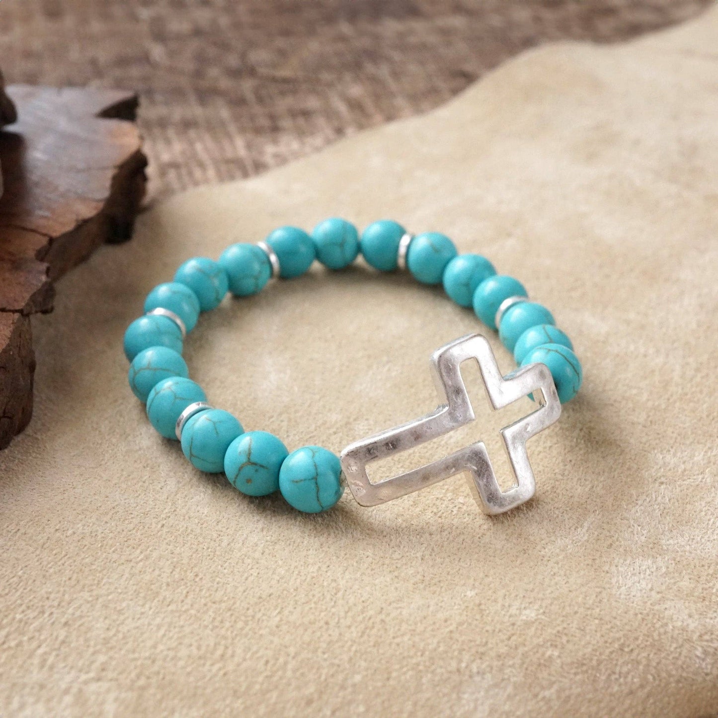 #398 Cross bracelet with Turquoise color beads and silver hammered cross