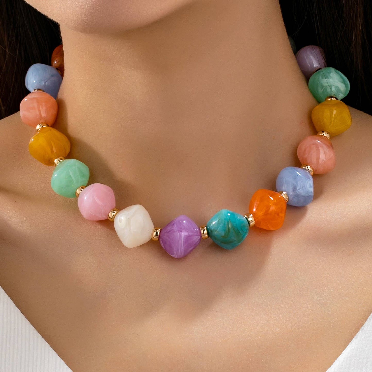 #1091 Multicolor Oversized Faceted Pastel Bead Necklace