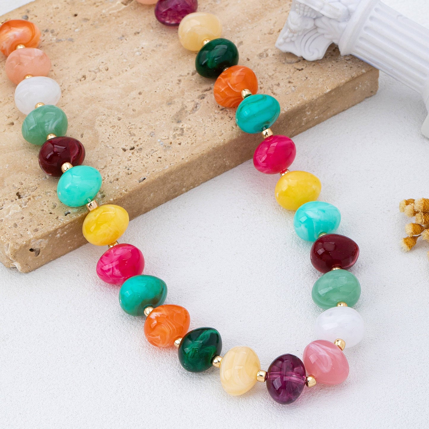 #1092 Multi Colored Resin Pebble Beaded Necklace