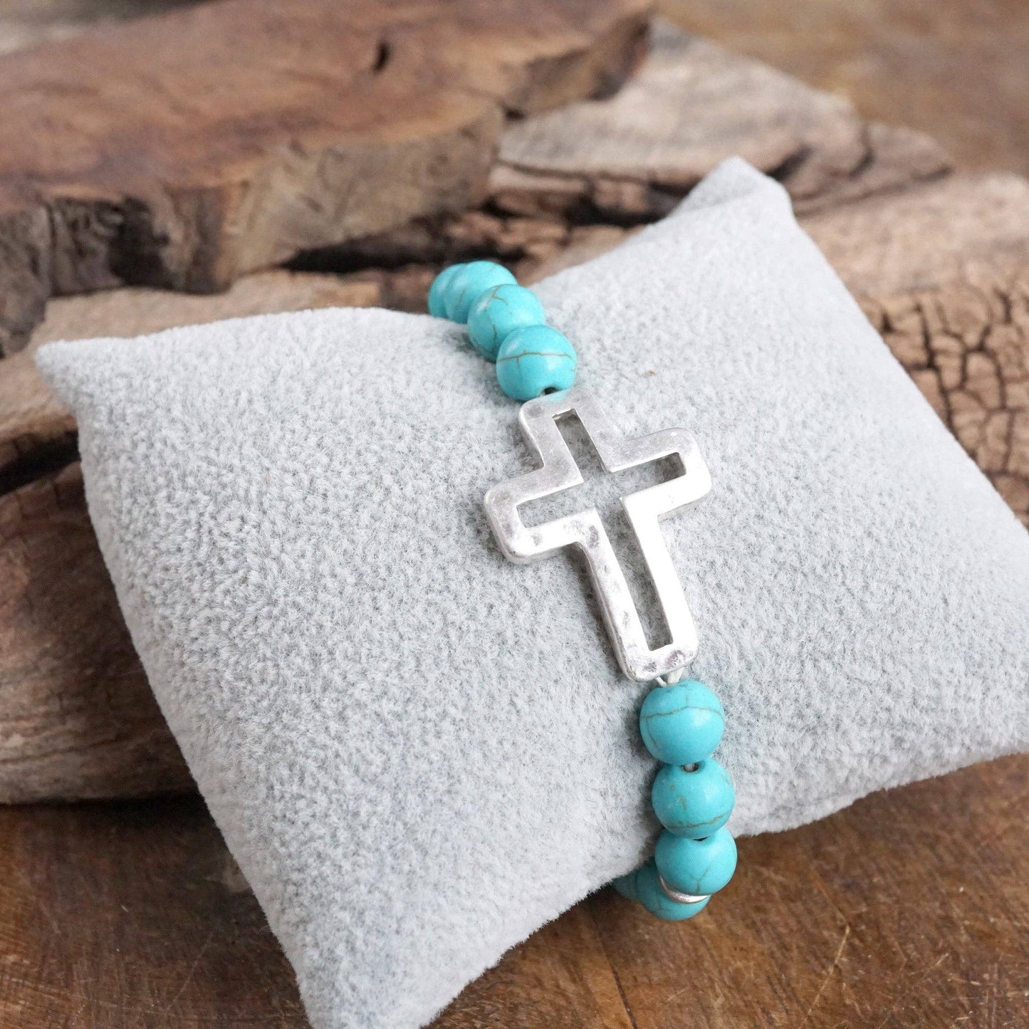 #398 Cross bracelet with Turquoise color beads and silver hammered cross
