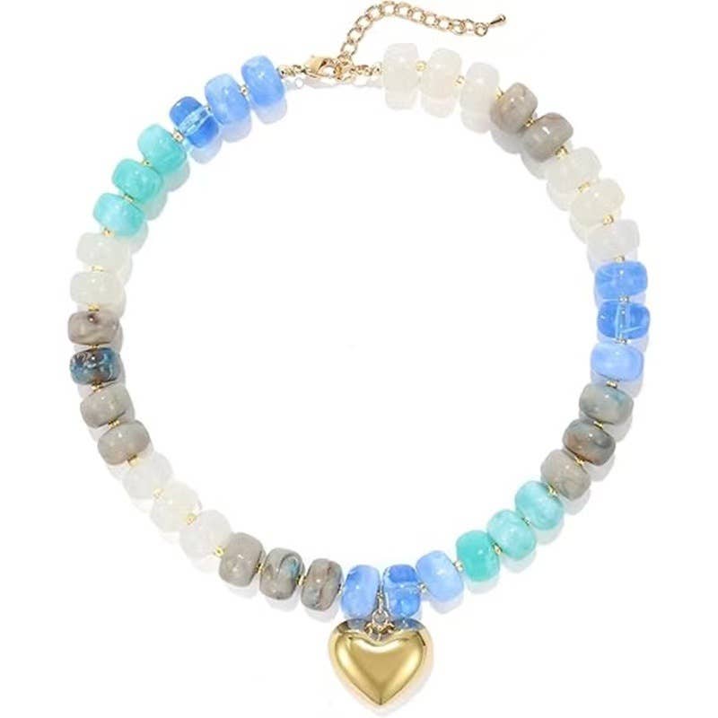 #1033 Resin Bead Necklace with Gold Heart-Shaped Pendant