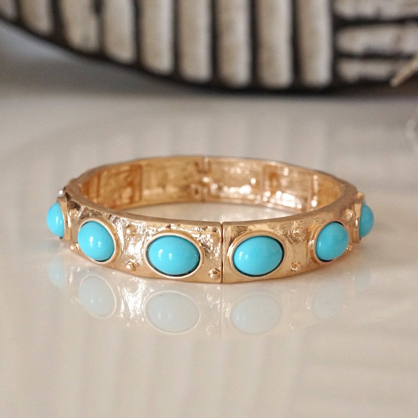 #403 Classic Golden Stretchy Bangles – Pearl or Turquoise Accents