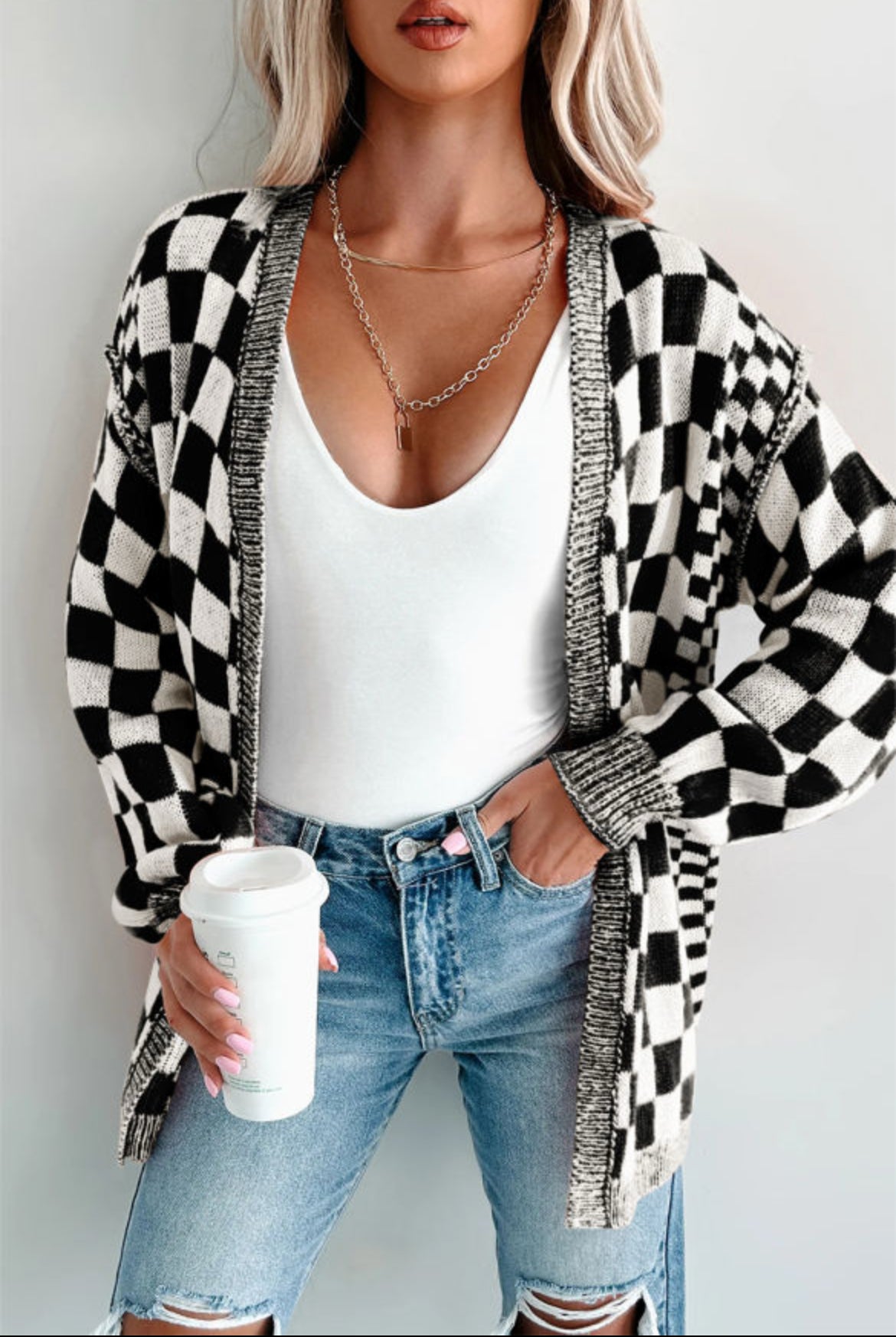 #480 Checkered Open Front Drop Shoulder Cardigan