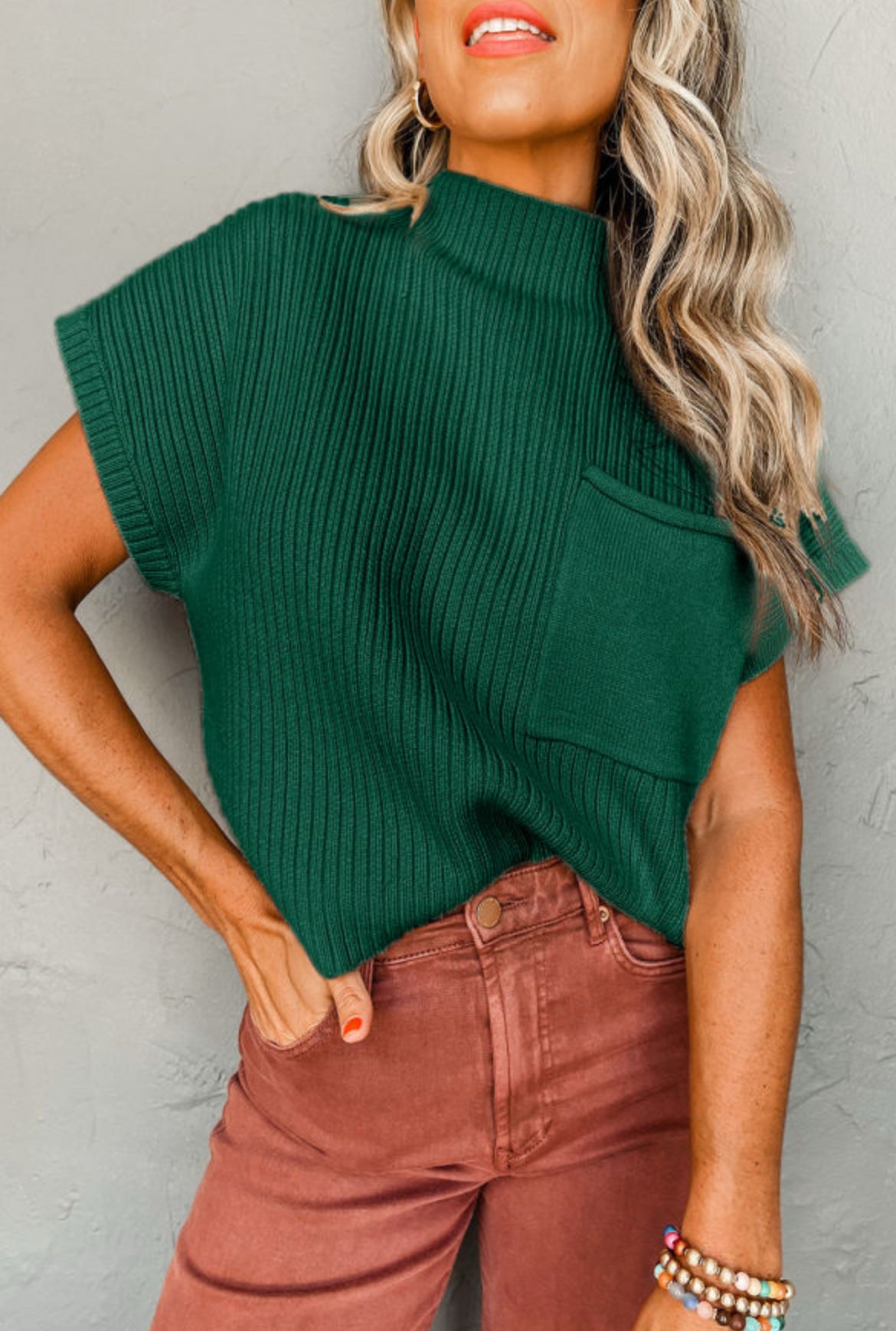 #550 Patch Pocket Ribbed Knit Short Sleeve Sweater