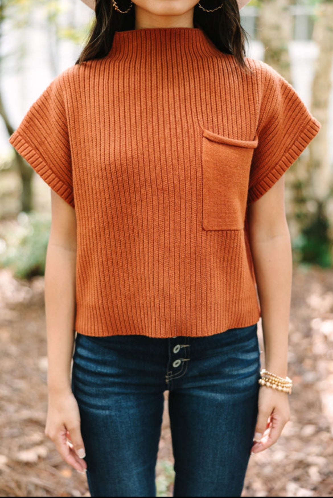 #550 Patch Pocket Ribbed Knit Short Sleeve Sweater