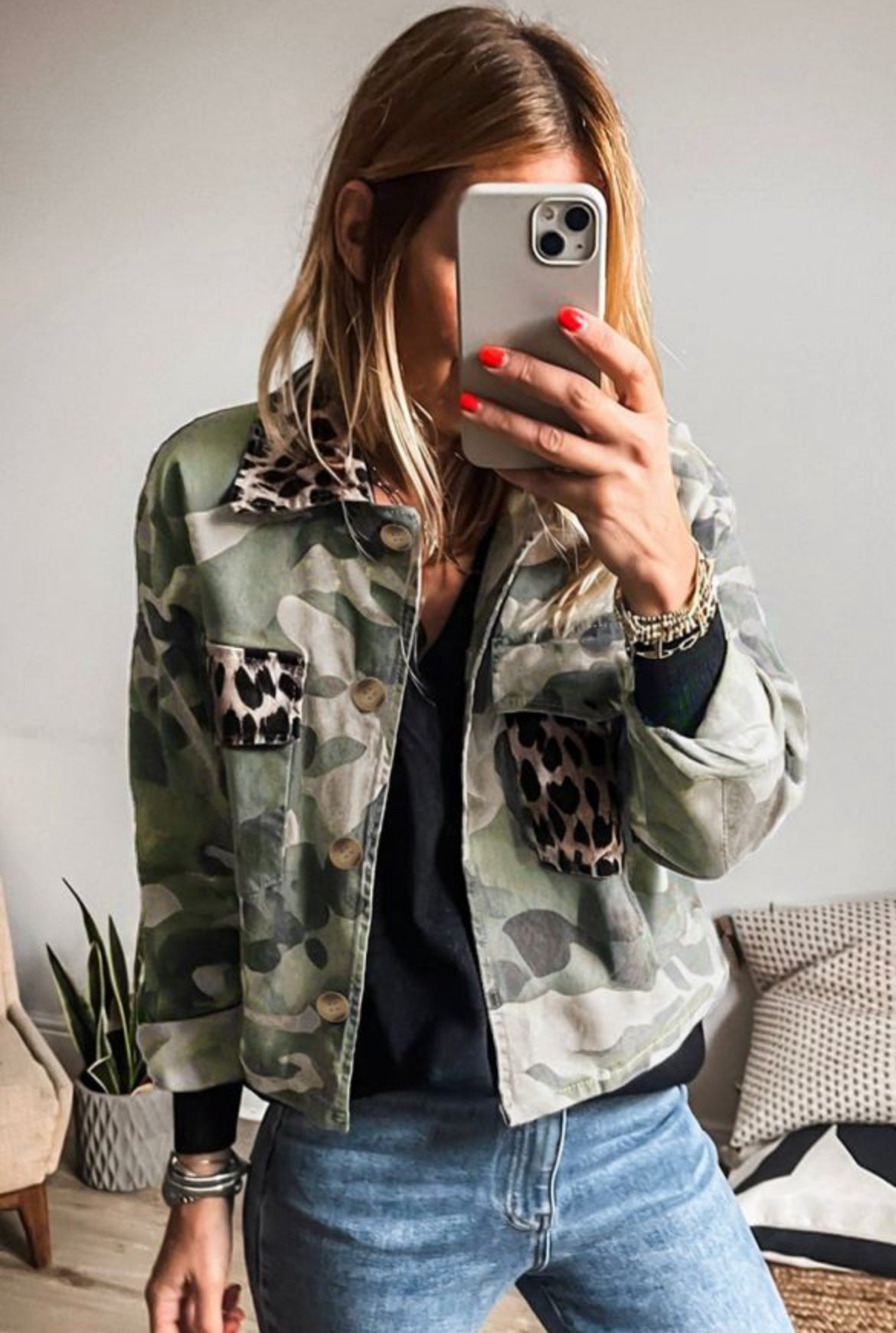 #560 Camo Leopard Patchwork Crop Jacket