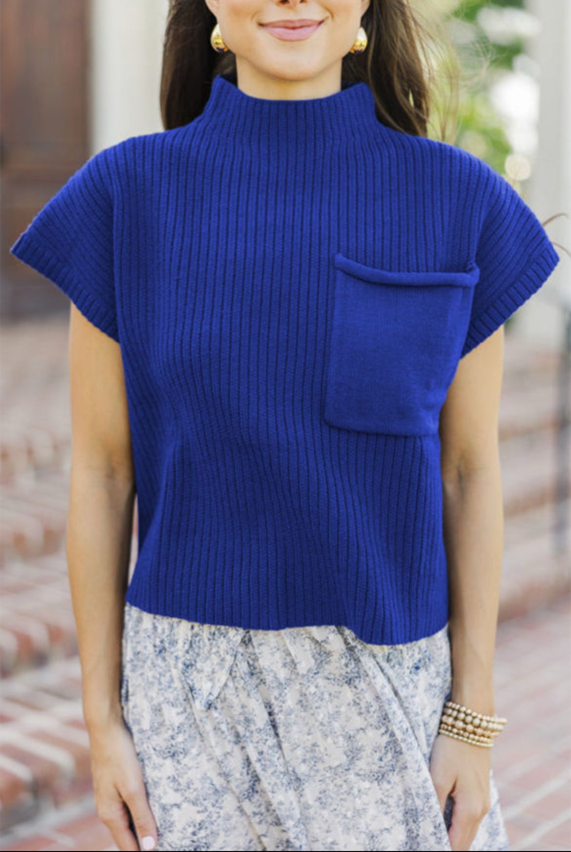 #550 Patch Pocket Ribbed Knit Short Sleeve Sweater