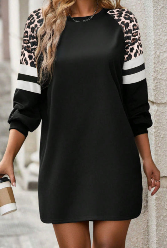 #569 Leopard Print Varsity Sweatshirt Dress