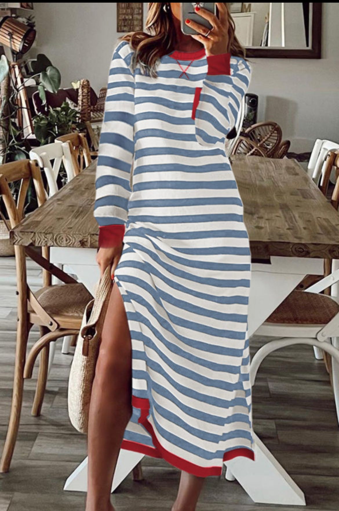 #568 Striped Long Sleeve Midi Dress with Side Splits
