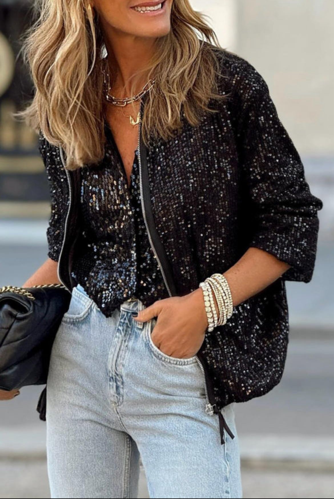 #12 Black Sequin Zip up Round Neck Long Sleeve Jacket