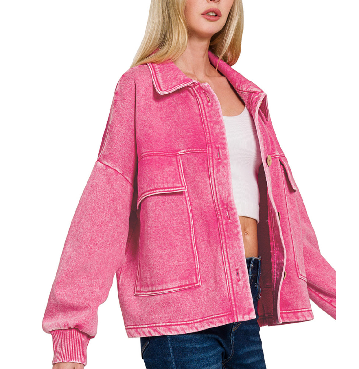 #591 Acid Wash Fleece Front Cropped Shacket