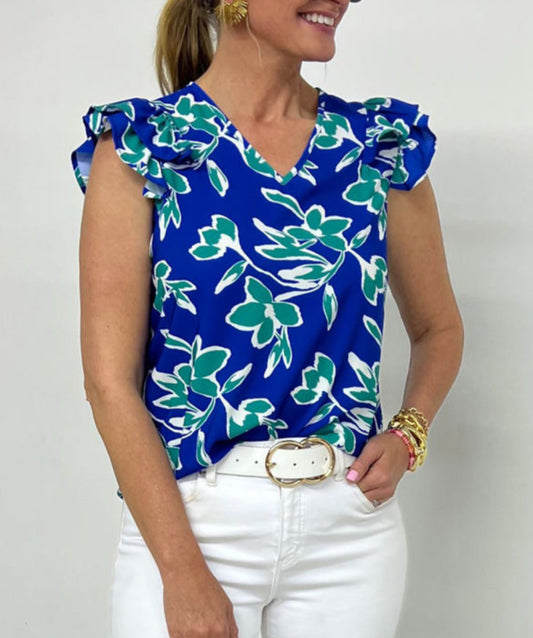 #598 Blue V Neck Floral Print  Short Sleeve Blouse
