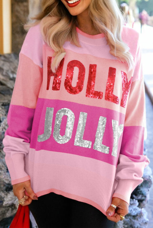 #599 Pink Sequined HOLLY JOLLY Sweater