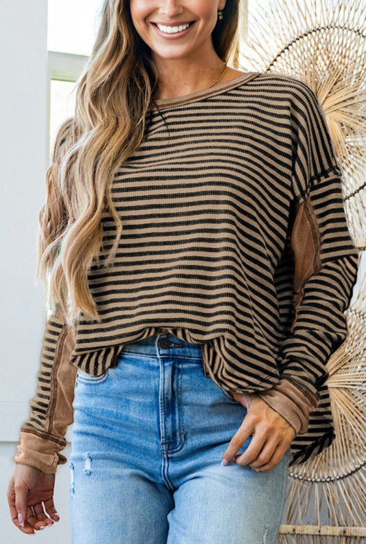 #608 Khaki Stripe Thermal Knit  Casual Top