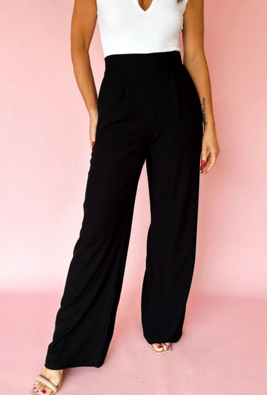 #610 Pleated Detail Pull On High Elastic Waist Loose Straight Pants