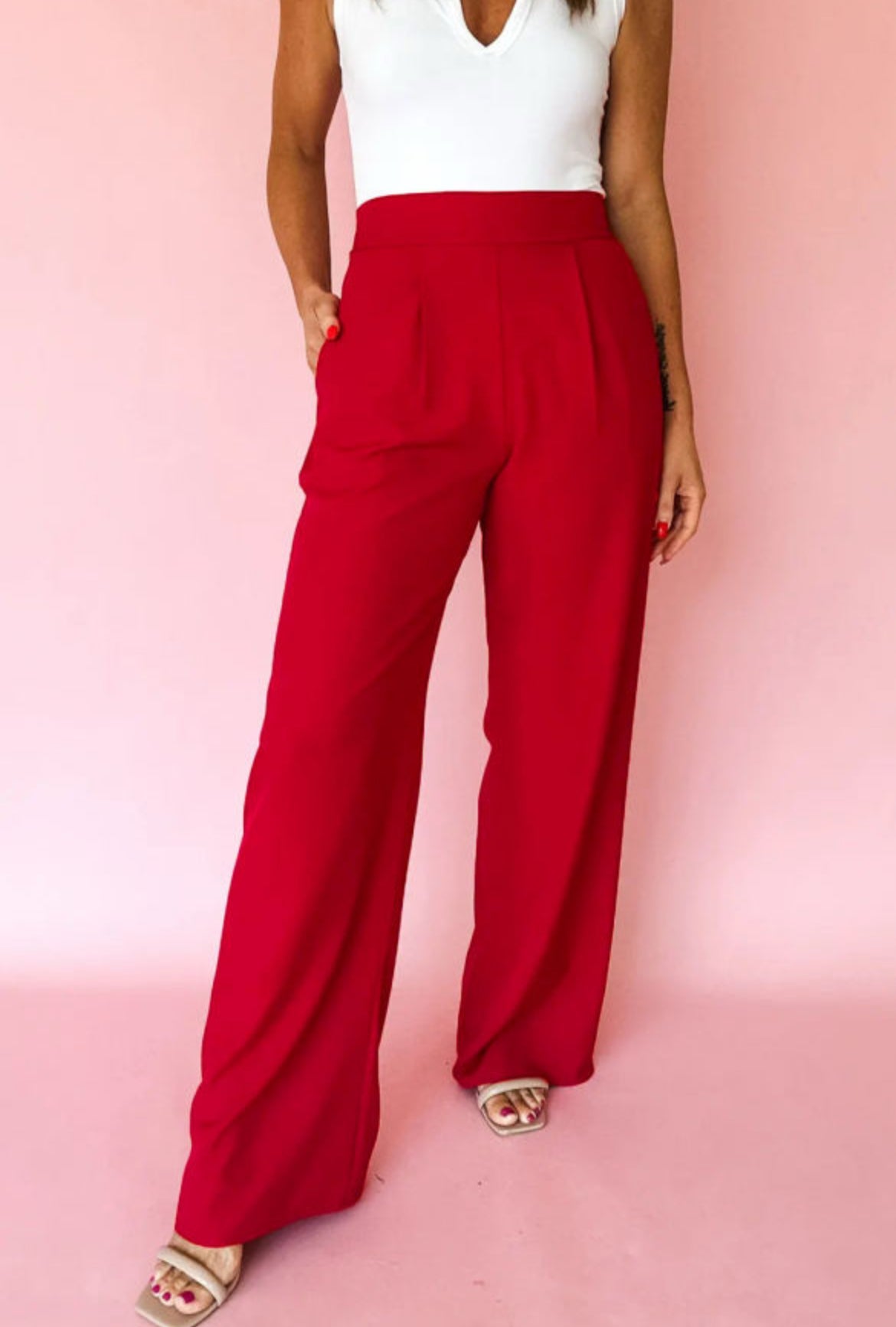 #610 Pleated Detail Pull On High Elastic Waist Loose Straight Pants