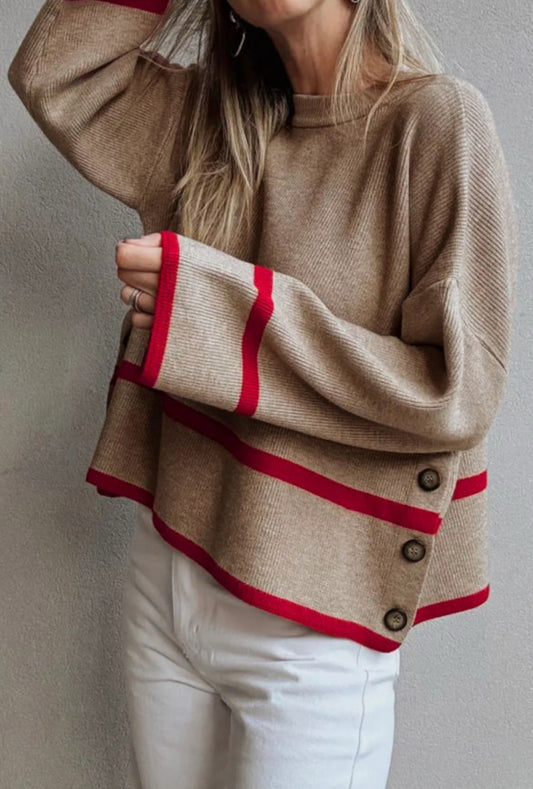 #612 Taupe Ribbed Stripe Detail Button Side Loose Sweater