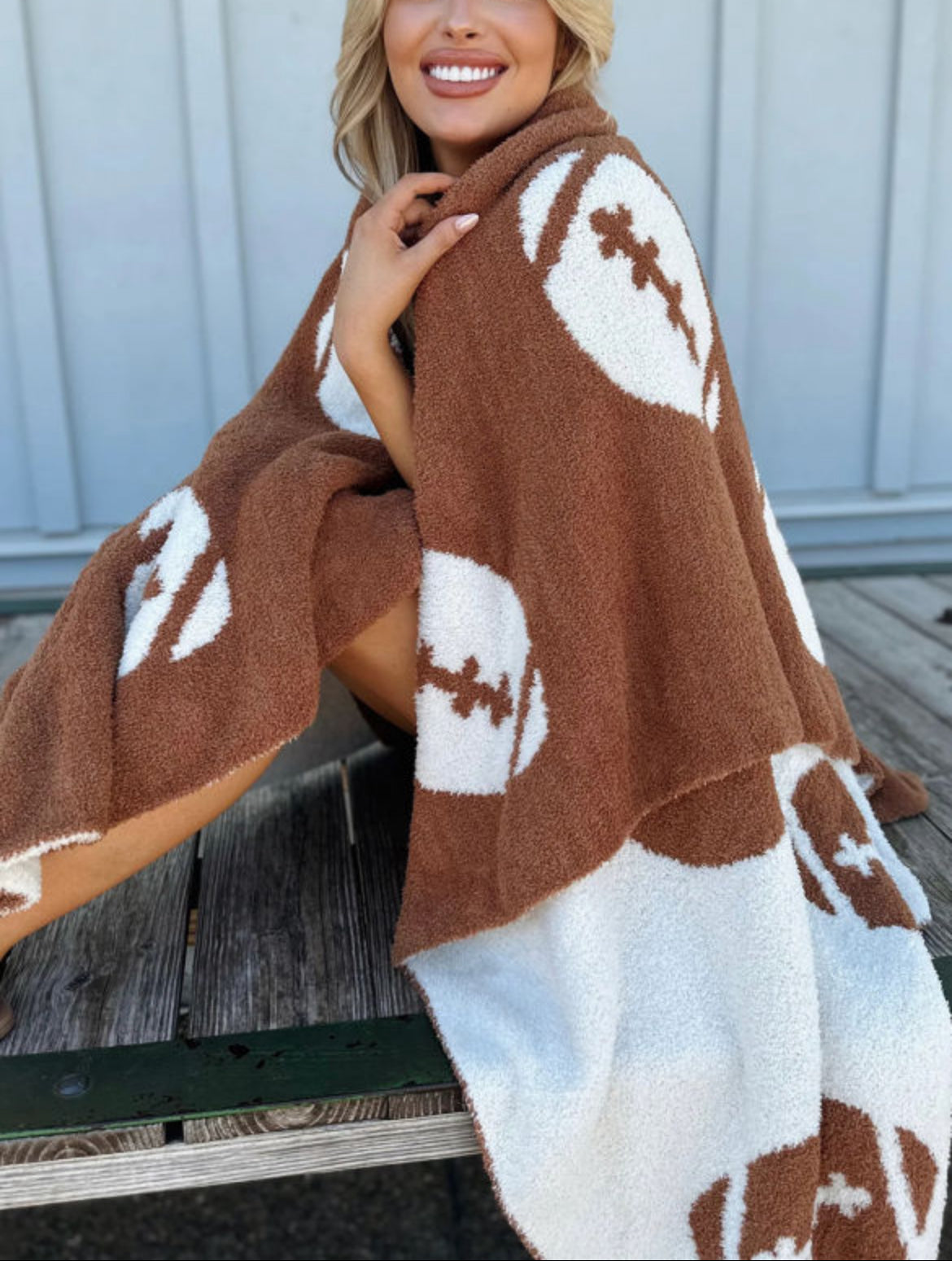 Chestnut Rugby Football Pattern Color Block Fleece Blanket