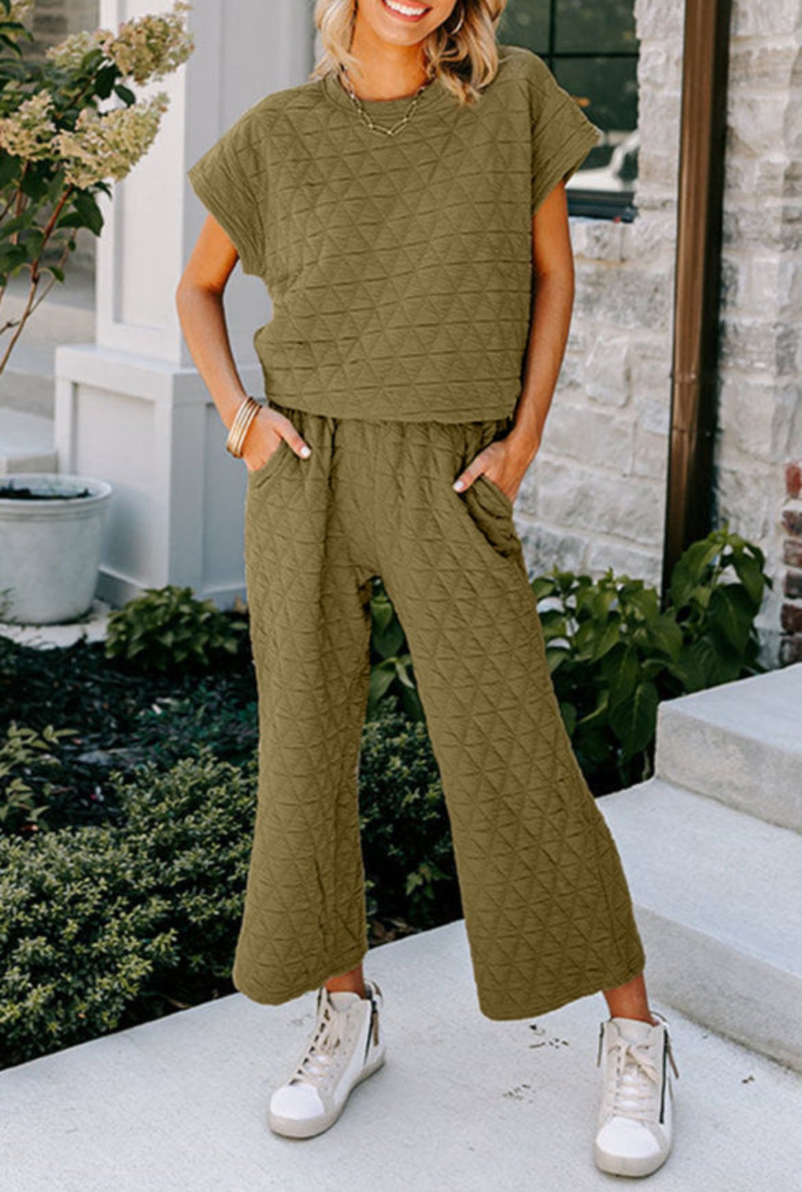 #62 Sage Green Quilted Short Sleeve Wide Leg Pants Set