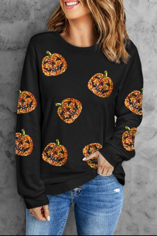#9 Black Halloween Sequin Pumpkin Face Pullover Long Sleeve Top