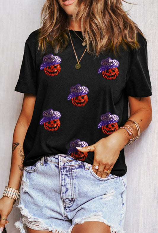 #10 Black Sequin Hat Pumpkin Graphic Crewneck Halloween T Shirt