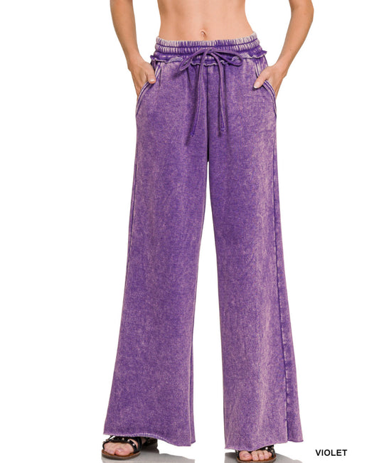 #646 ACID WASH FLEECE PALAZZO SWEATPANTS WITH POCKETS