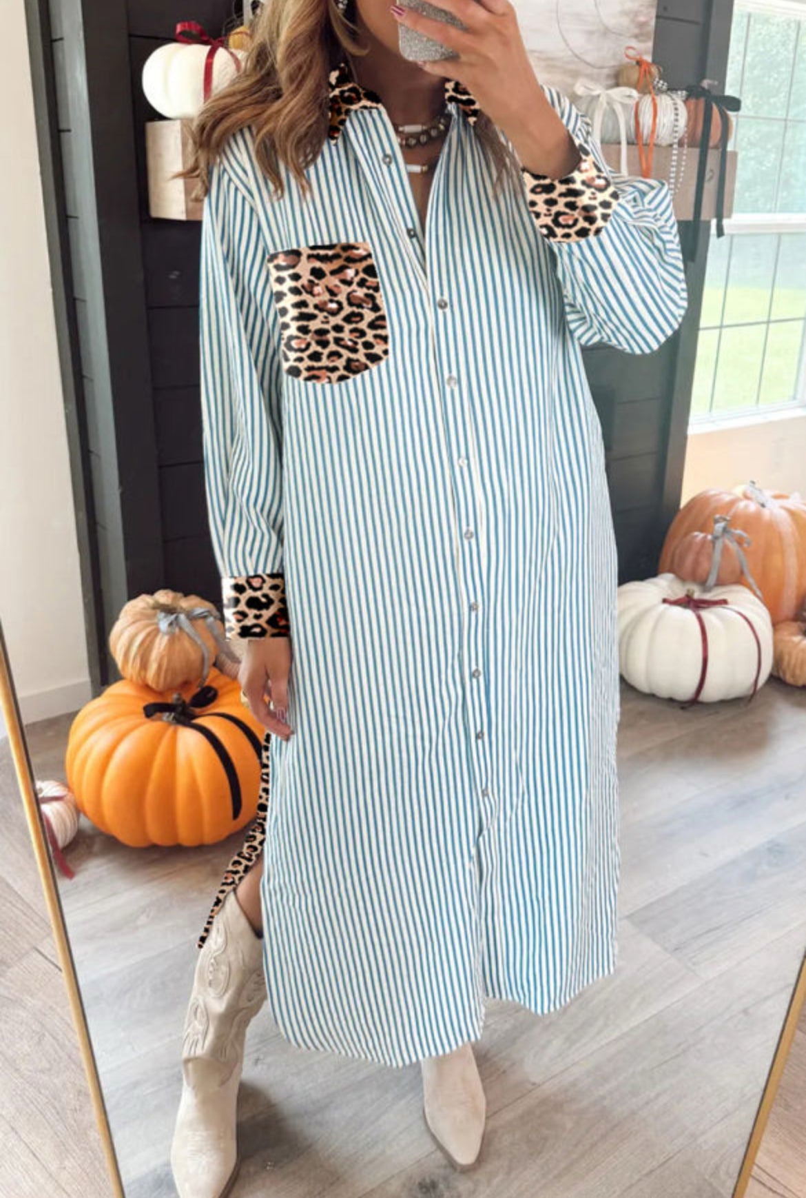 #673 Leopard Long Shirt Dress