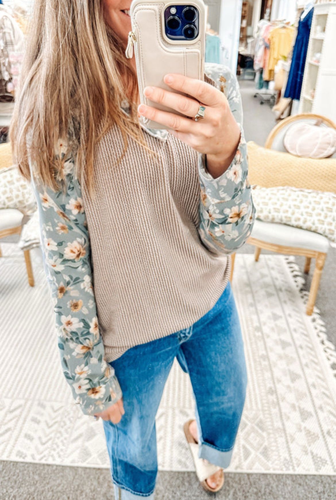 #698 Ribbed Floral Long Sleeve Top