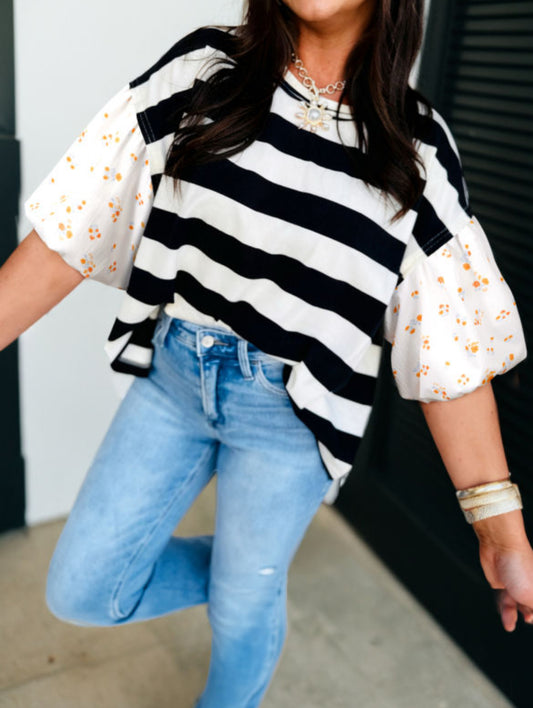 #712 Black Stripe Floral Print Puff Sleeve Patchwork Blouse