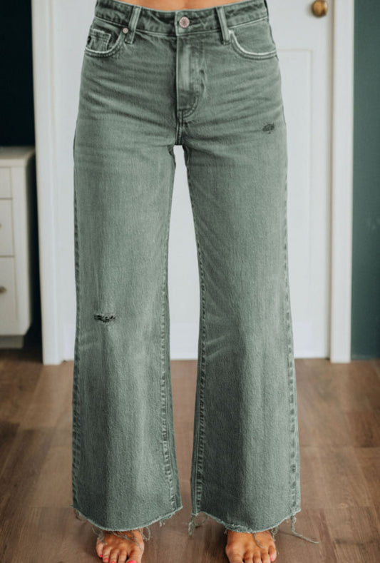 #702 Four Leaf Clover Slight Distressed Raw Edge Wide Leg Jeans