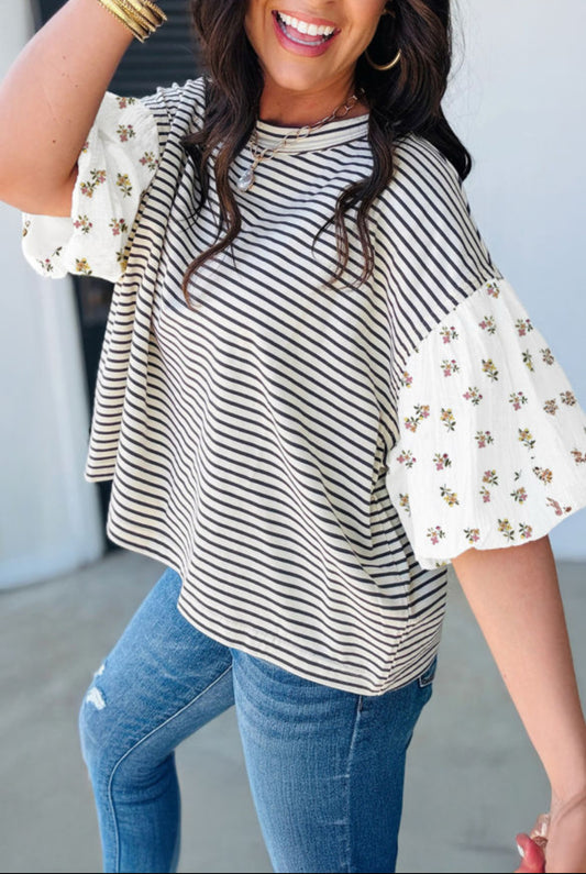#709 Black Stripe Floral Puff Sleeve Top