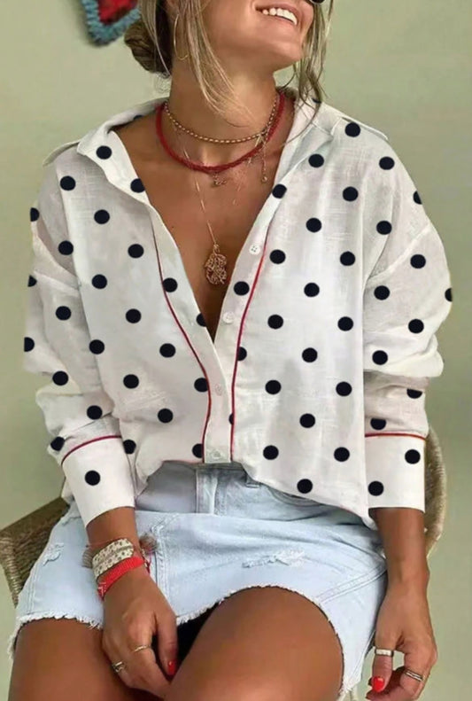 #711 White Polka Dot Print Contrast Piping Elegant Shirt