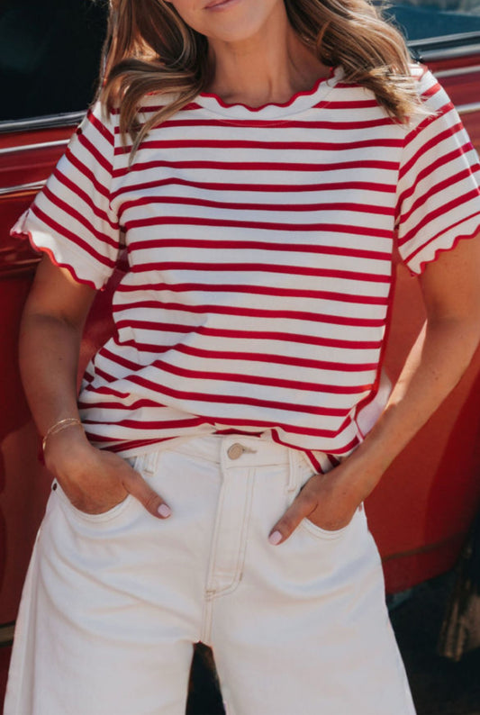 #713 Red Stripe Scalloped Trim Round Neck T Shirt